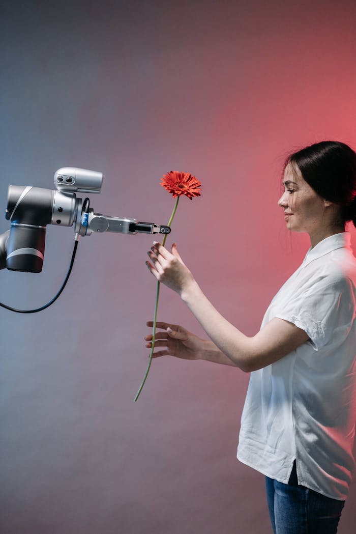 creative A woman interacts with a robotic arm holding a flower, symbolizing human-technology harmony.